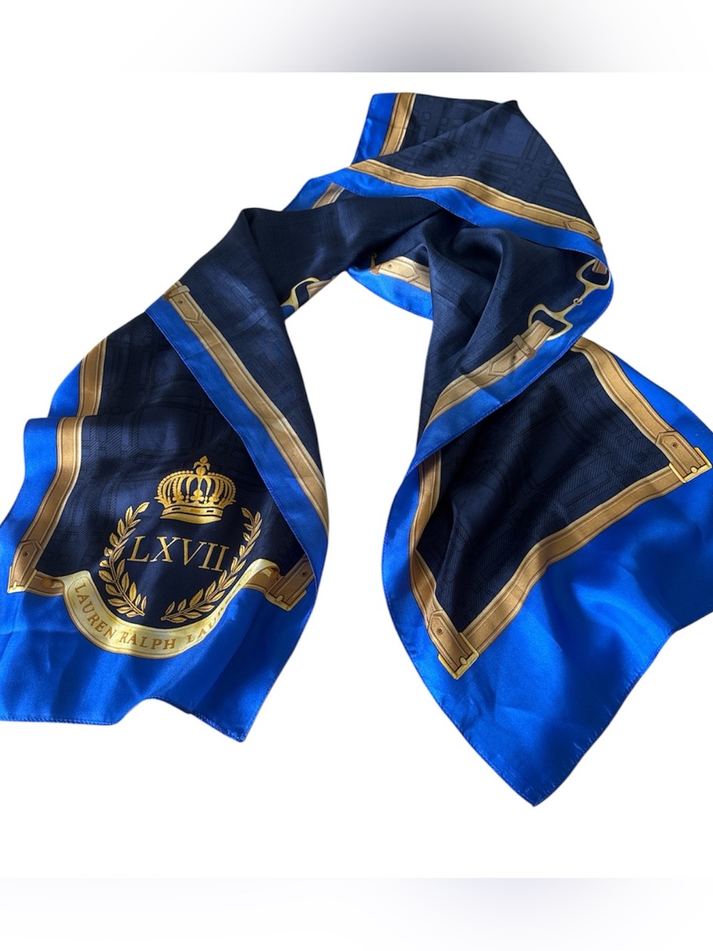 Lauren Ralph Lauren 100% silk scarf blue gold equestrian designer
